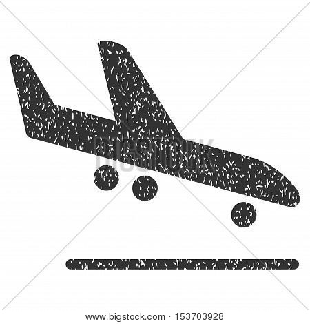 Airplane Arrival rubber seal stamp watermark. Icon symbol inside rounded rectangular frame with grunge design and dust texture. Unclean vector gray ink sign on a white background.