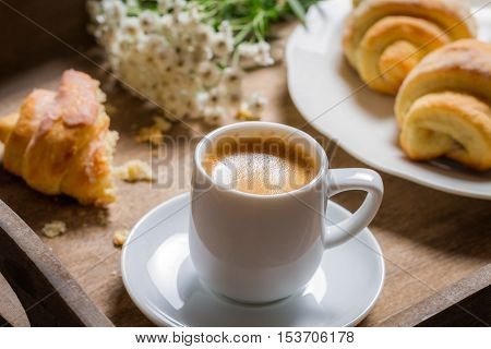 Breakfast To Bed With Hot Coffee And A Croissant