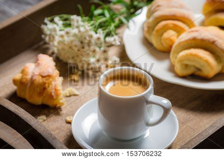 Breakfast To Bed With Hot Coffee And Flowers
