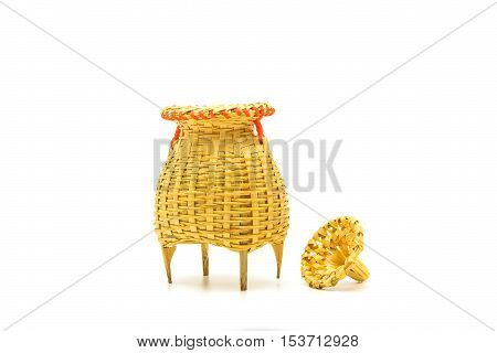 Fishing creel basketwork made from bamboo isolated on white backgound in Thailand.