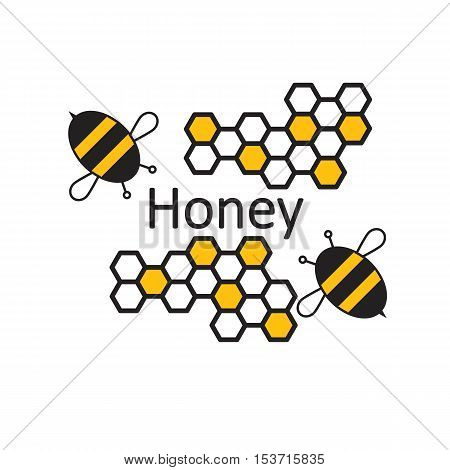 Bee Honey. Banner or poster with bees and honeycombs. The emblem or logo store honey. Vector illustration.
