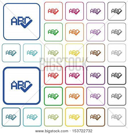 Spell check color icons in flat rounded square frames. Thin and thick versions included.