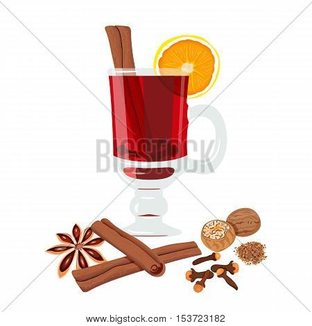 Mulled wine set with glass of drink and ingredients: cinnamon, , citrus, clove, nutmeg, star anise. vector illustration. Known as gluhwein, glogg cardinal