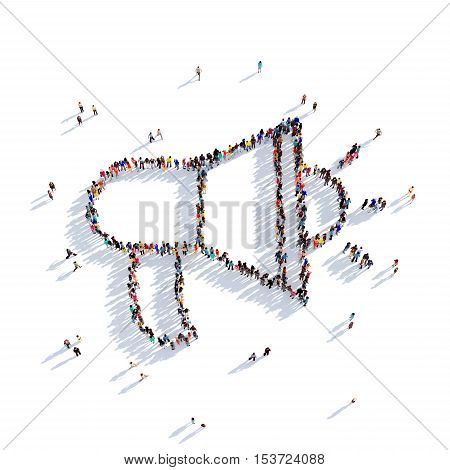 Large and creative group of people gathered together in the shape of a horn loudspeaker. 3D illustration, isolated against a white background. 3D-rendering.