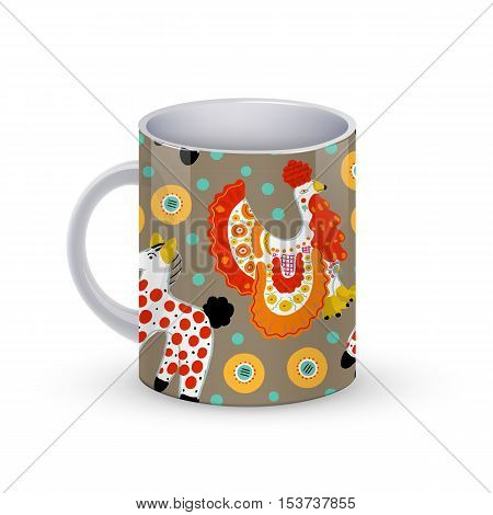 Coffee cup template illustration with Beautiful seamless pattern with cock in Russian Dymkovo style.