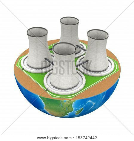 Half Globe with Nuclear Power Plant isolated on white background. 3D render