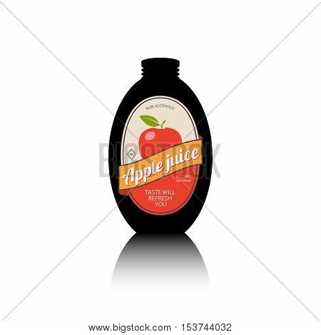 Black bottle silhouette with reflection and vintage fruit label. Apple juice bottle vector illustration