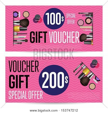 Special offer coupon or gift voucher. Cosmetic voucher layout. Fashion voucher. Cosmetics product sale voucher. Promo voucher. Design of voucher. Promo coupon or voucher. Voucher. Cosmetic voucher template vector. Gift voucher layout or discount voucher.