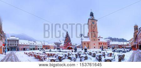 Wide panoramic view over Brasov public square in Christmas time, Romania