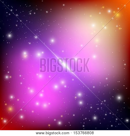 Cosmic galaxy background with bright shining stars. Illusion UFO with nebula and star dust. Alien Spaceship. Vector illustration