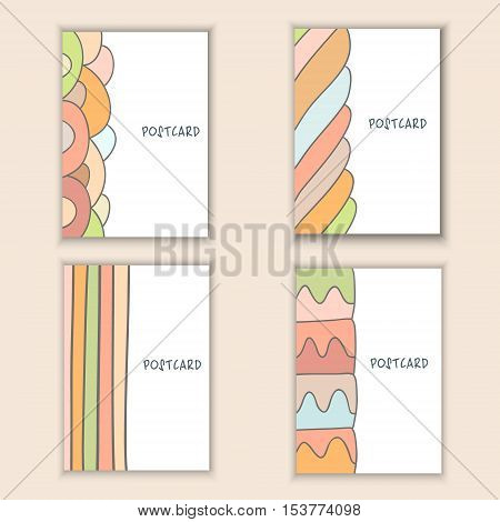 Cute hand drawn doodle birthday party baby shower cards brochures invitations with bubbles strips. Objects background. Printable templates set.