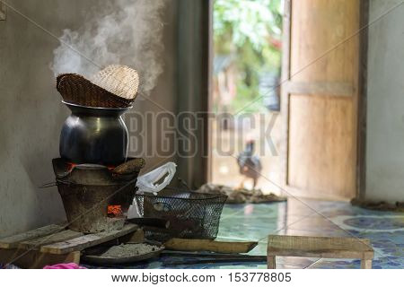 Traditional kitchen in a rice farmer's home in Isaan, Thailand