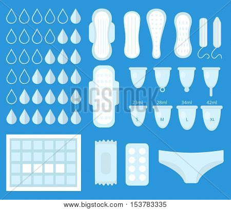 Big set for menstruation feminine hygiene set. Pads pantyliners tampons menstrual cup. Female hygiene products. Women's hygiene. Flat style. Vector illustration.