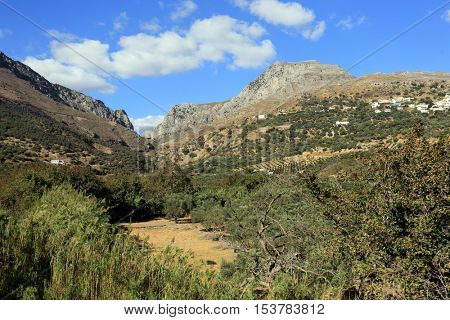 A view of the Kotsifou Gorge and village of Myrthios on Crete, Greece, from the southern resort village of Plakias.