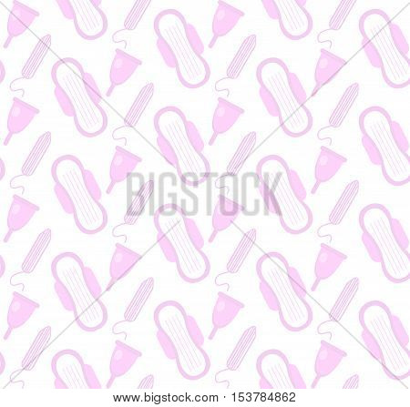 Menstruation feminine hygiene seamless pattern. Pads pantyliners tampons seamless texture. Female hygiene products background. Women's hut wallpaper. Vector illustration.