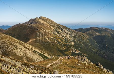Low Tatras National Park Mountain Ridge with Hiking Trail. Way to Monunt Dumbier.