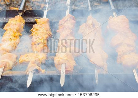 Closeup Of Some Meat Skewers Being Grilled In A Barbecue