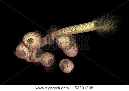 Destruction of Candida fungi, 3D illustration. Can be used to illustrate effect of antifungal drugs, medicines, microbes, nanoparticles