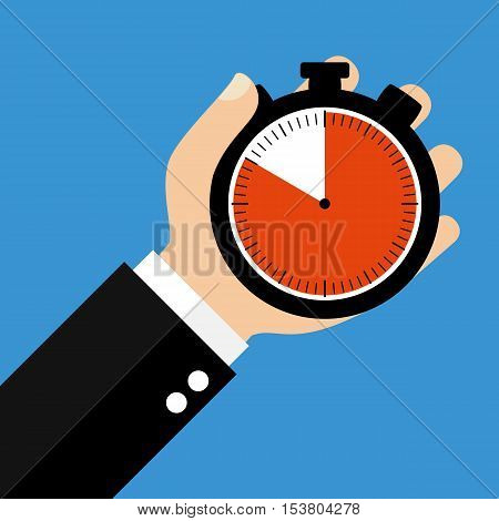 Hand holding Stopwatch showing 50 Seconds 50 Minutes or 10 Hours - Flat Design