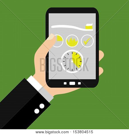 Hand holding Smartphone: Teethbrushing - Flat Design