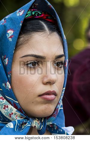 SELARGIUS, ITALY - September 11, 2016: Former marriage Selargino - Sardinia - portrait of a beautiful girl in traditional Sardinian costume