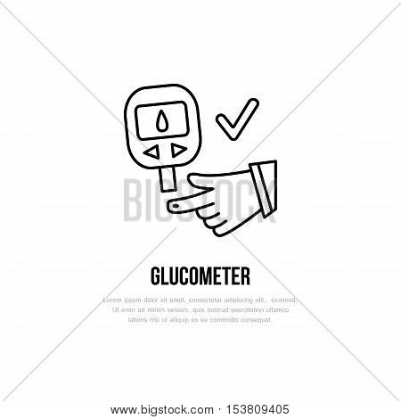 Vector line icon of glucometer. Diabetes linear sign. Outline insulin test symbol for medical equipment brochures. Hypoglycemia sugar blood check up. Healthcare design element for sites hospital.