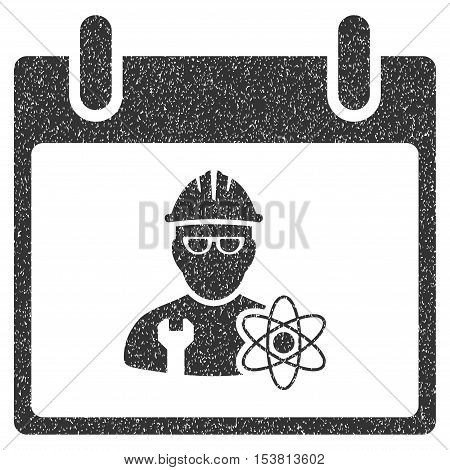 Atomic Engineer Calendar Day grainy textured icon for overlay watermark stamps. Flat symbol with unclean texture. Dotted vector gray ink rubber seal stamp with grunge design on a white background.