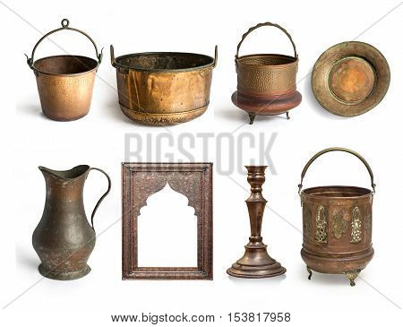 antique copper utensils isolated on white background