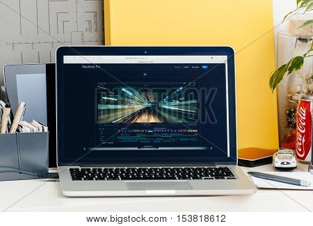 PARIS FRANCE - OCT 28 2016: Apple Computers website on new MacBook Pro Retina with OLED touch bar in a geek creative room showcasing new professional laptop - detail of Final Cut Pro software on the new laptop