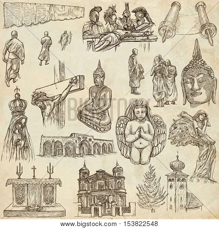 RELIGION around the World. Collection of an full sized hand drawn illustrations. Veneration Worship and Spiritual places. Drawing on old paper.