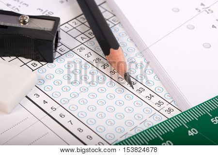 Blank Answer Sheet With 2B Pencil. Answer Sheet For Testing. Standard School Exam Answer Sheet And P