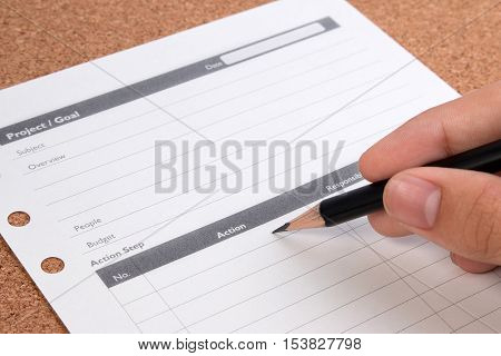 Close Up Blank Form Project / Goals. Blank Form Of Project Planning And Goals On Table. Business Pro