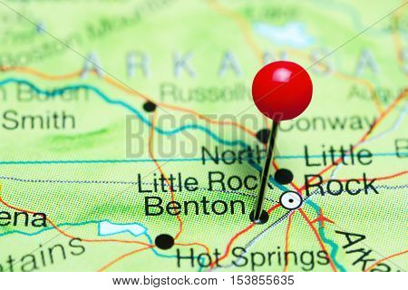 Benton pinned on a map of Arkansas, USA