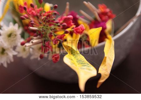 flowers in banana leaf cone to buddhist worship
