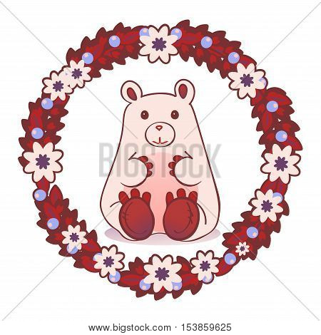 Gift card invitation. White winter cute teddy bear surrounded by a wreath of flowers berries and leaves.