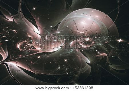 Fractal lines form a ball that resembles a planet surrounded by a luminous cosmic objects.