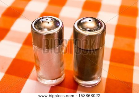 Salt Pepper Shaker Restaurant Industry Red White Plaid Checkerboard Tablecloth Table Typical