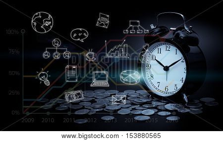 Alarm clock coins graph and business icons. business strategy as concept