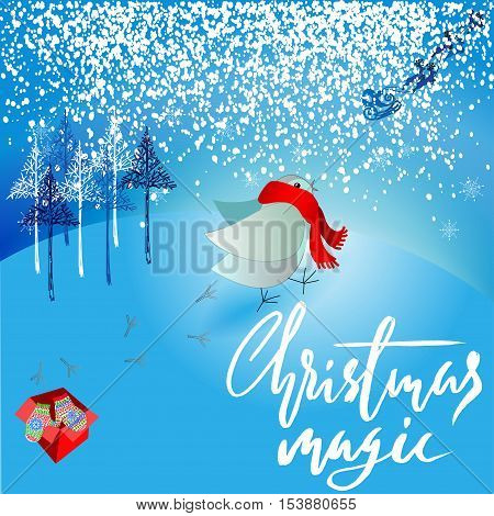 Santa Claus brought a bad gift. Angry bird dissatisfied Christmas gift. A pair of mittens. Christmas lettering. Vector illustration. Christmas magic.