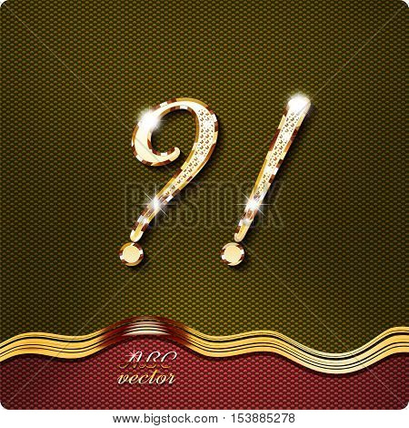 This stylish gold cursive letters. There are inlaid with Question mark and exclamation mark.They have shadows and highlights.