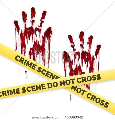 Crime poster with bloody handprints and police crime scene scoth isolated on white background. Vector illustration