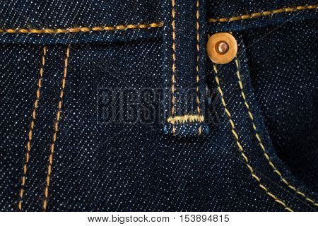 Jeans Background. Detail Of Denim Jeans. Clasper And Pocket Of Dark Blue Denim Jeans.