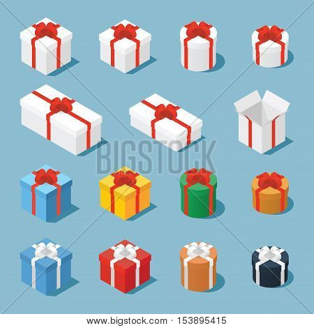 Isometric vector set of gift boxes / presents. Collection of gift boxes with a bows of different type - square boxes round boxes opened boxes and boxes of some different colors.