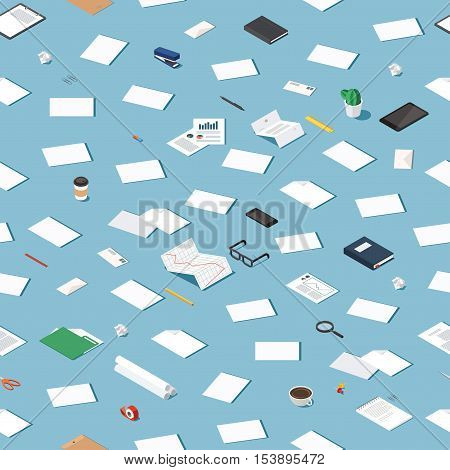 Vector isometric office stationery seamless pattern. Pattern of office supplies: paper document report cup of coffee pen pencil book envelope glasses folder tablet magnifier smart phone.