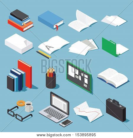 Isometric office tools set: paper books folder pen and pencil glasses laptop case diagram open book and notebook and board. Collection for your business/education info graphic or illustration.