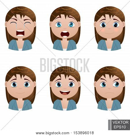 Young girl. Face. Different emotions. Anger joy laughter sadness. Avatar. Simpotichnyh. Pretty. Icon.