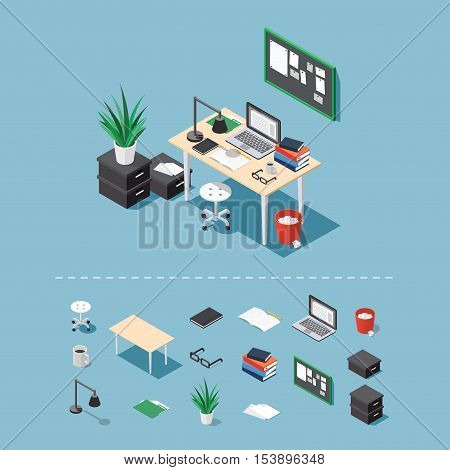 Office workplace vector isometric concept illustration. Work table composition plus collection of isometric objects: table chair books laptop trash bin lamp. glasses folder boxes board papers
