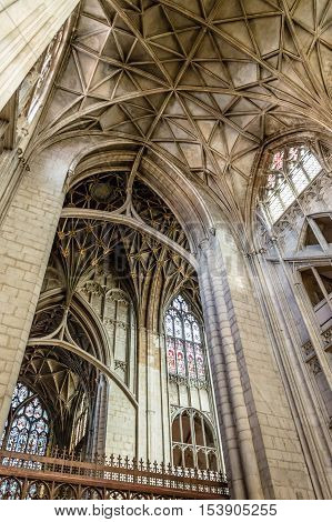 Gloucester UK - August 17 2015: Interior of Cathedral Church of St Peter and the Holy and Indivisible Trinity. Gothic style.