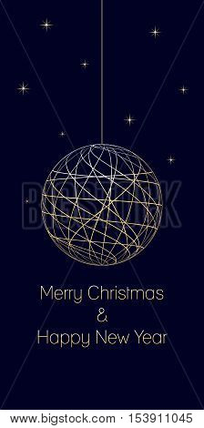 christmas and new year background with text Merry Christmas and Happy New Year on dark blue background very soft gold colored elements christmas ball and stars isolated illustration