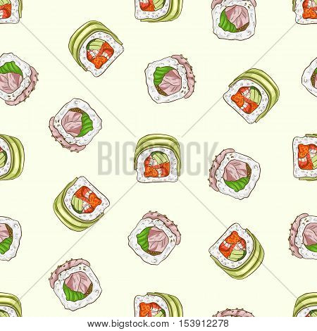 Vector seamless pattern sushi dragon and hamachi rolls, color